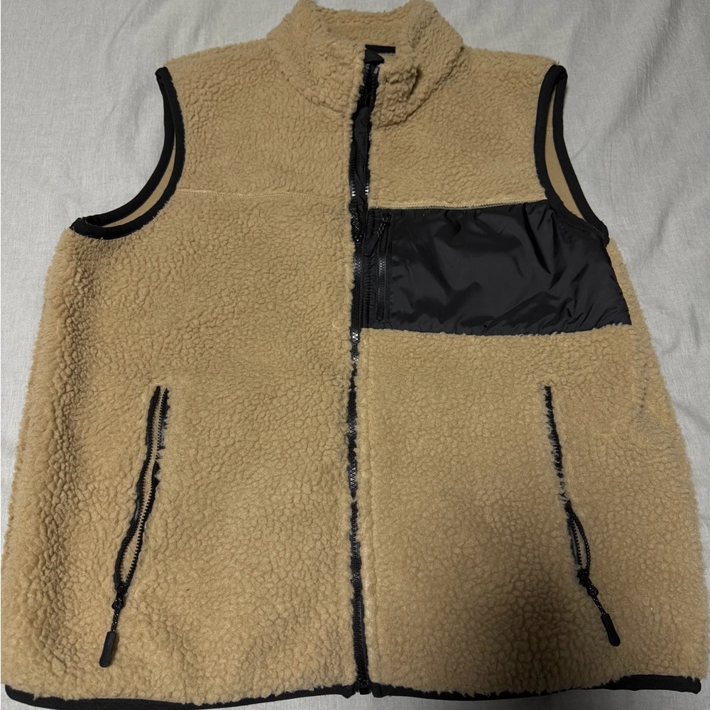 Men's Beige Fleece Vest with Black Trim